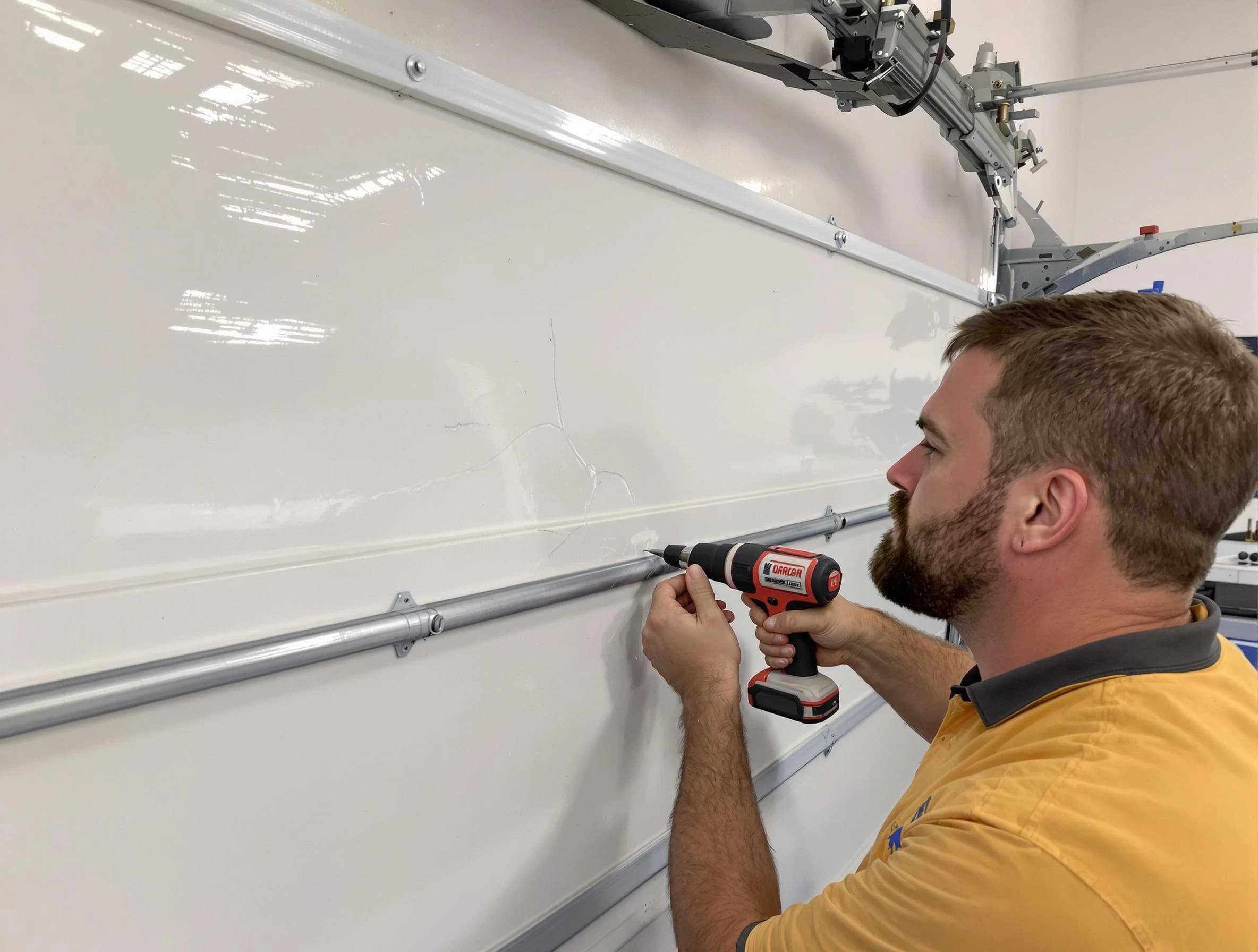 Lexington Garage Door Repair expert performing dent repair on garage door in Lexington